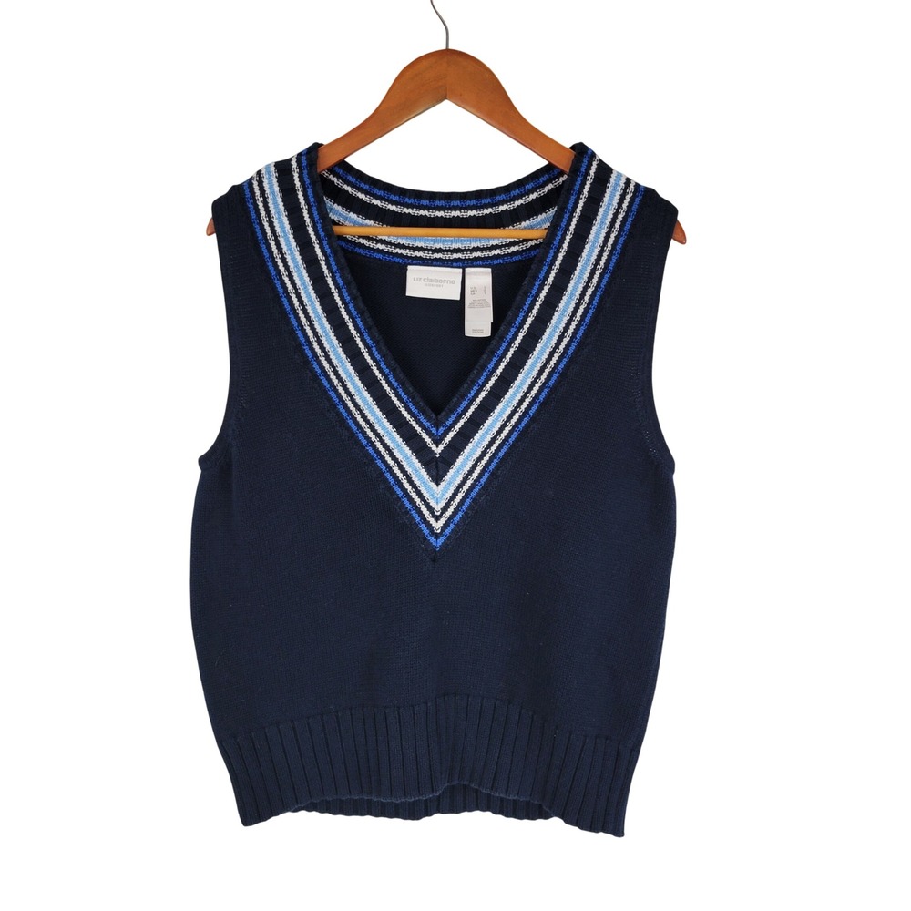 Vintage‎ Liz Claiborne Cotton Sweater Vest Navy Blue Size Large Retro Y2K Knit